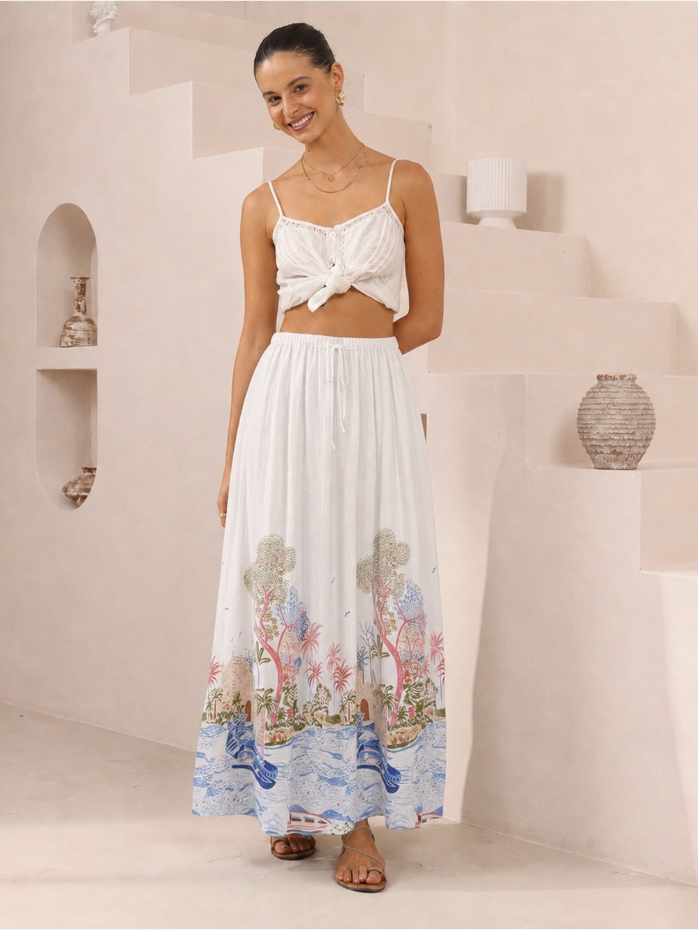 CYNTHIA ROWLEY NWT L Linen Blend Island Coastal Print Maxi Pocket Skirt